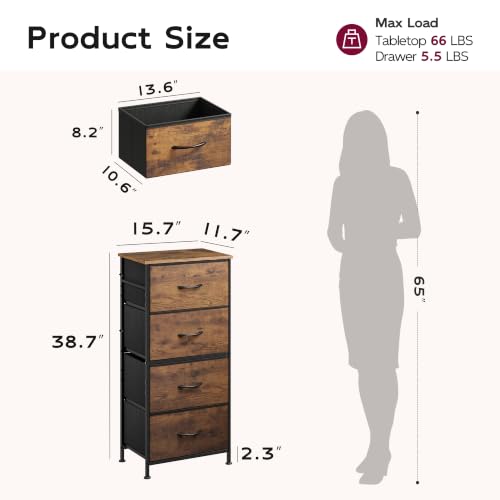 WLIVE Small Dresser Nightstand for Bedroom, 4 Drawers, Rustic Brown | 4 vertical fabric drawers, Space-saving tower, Bedroom or closet use, Chest of drawers, Dresser for small spaces