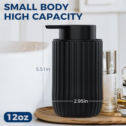 Ceramic Foaming Hand Soap Dispenser, 12 oz Bathroom Soap Dispensers, Lotion Dispenser for Kitchen, Refillable Matte Streaks Soap Dispenser with Large Pump (Black)