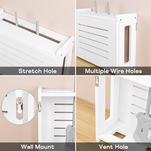 Router Shelf Wall Mount WiFi Router Storage Box Modem Cable Cover Organized Power Strip Cable Management Hider Rack By Solid Wood White