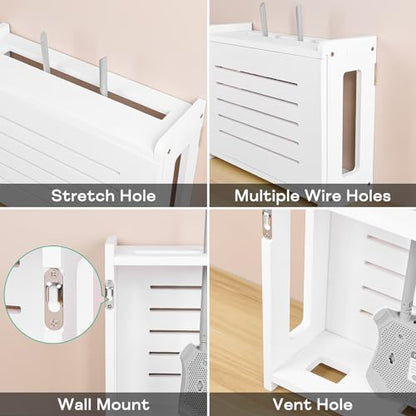 Router Shelf Wall Mount WiFi Router Storage Box Modem Cable Cover Organized Power Strip Cable Management Hider Rack By Solid Wood White