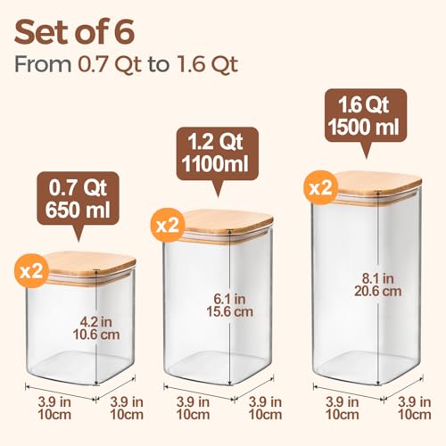 ComSaf Glass Pantry Storage Containers (0.7Qt/1.2Qt/1.6Qt) Set of 6, Square