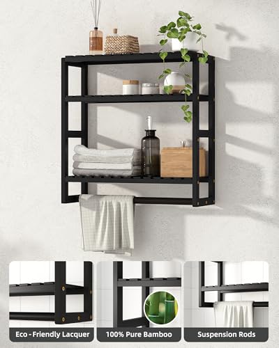 Galood Over The Toilet Storage Bathroom Shelves Wall Mounted 3 Tier Black | Space Saver Corner Shelf Organizer Bamboo Towel Rack Toilet Paper Cabinet with Hanging Rod