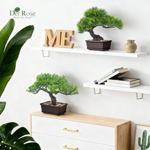Der Rose 2Pcs Paired Fake Bonsai Tree Set Fake Plants for Shelf Desk Decor | 8" artificial bonsai tree set with varied canopies and pebble bases; paired display adds balance to home japanese asian decor