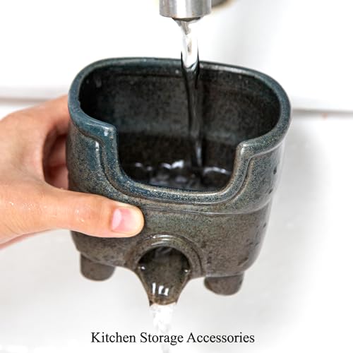 Ceramic Sponge Holder with Drainage，Farmhouse Sink Caddy | Self Draining Organizer for Sponges, Soap, Brushes. Compact Rustic Kitchen Accessory Keeps Counter Dry & Tidy. Country Blue