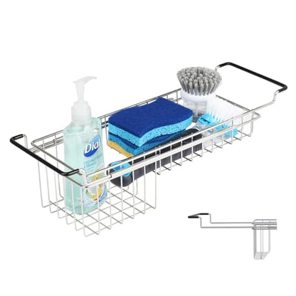 TreeLen Over The Kitchen Sink Caddy Sponge Holder Organizer Drying Rack Expandable for Sponge Brush Soap 13.8" to 20.8", Stainless Steel