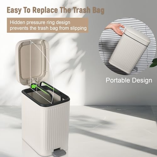 Small Bathroom Trash Can with Lid, 1.9 Gallon Slim Soft Close Step, Cream | Garbage Can with Pedal for Office, Bedroom, Kitchen & Living Room, Narrow Plastic Wastebasket Container for Small Spaces
