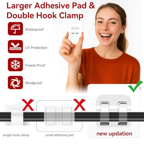 Hooks for Outdoor String Lights, 80 Pack Heavy Duty Cable Clips, Damage Free Cord Clips, Waterproof and UV-Resistant, Clear Self-Adhesive Hooks for Hanging Christmas Lights Outdoor and Patio Decor