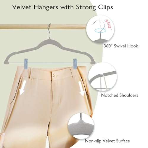 ManGotree Velvet Pants & Skirt Hangers with Movable Clips 32 Pack Grey | Ultra-Thin Space Saving Dress Hangers for Adult Clothing, Non-Slip Felt Coat Clothes Hangers with 360° Swivel Hook