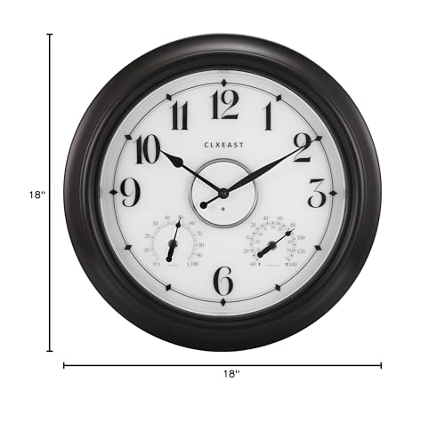 18 Inch Large Illuminated Outdoor Clocks Waterproof, Bronze Black | Built In Adjustable Thermometer & Hygrometer, IP65 Weatherproof, Accurate & Easy to Read for Patio,Pool & Home Decor