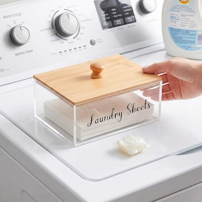 Acrylic Laundry Sheet Holder with Bamboo Lid, Laundry Detergent Sheet Container/Holder/Dispenser, laundry Room Organization and Storage