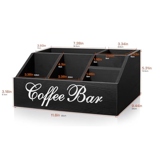Wood Coffee Station Organizer for Counter | Farmhouse Coffee Bar Organizer | Coffee Pods Holder Bar Accessories | Tea Condiment Storage Basket | Home Decor