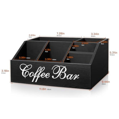 Wood Coffee Station Organizer for Counter | Farmhouse Coffee Bar Organizer | Coffee Pods Holder Bar Accessories | Tea Condiment Storage Basket | Home Decor