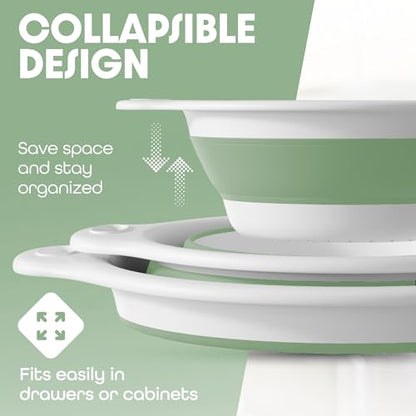 Collapsible Colanders (3 Pack Set) Food Strainers with Over-Sink Water Draining Base for Pasta Fruits and Vegetables, White/Sage (3 Sizes, 3QT, 4QT and 5 Quart)