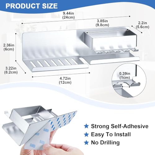 Bar Soap Holder for Shower Wall, Adhesive Soap Dish, Silver | Self-draining Soap Tray for Bathroom, Stainless Steel Soap Stand, with Baffle & 5 Hooks for Loofah, Razor, Toothbrush