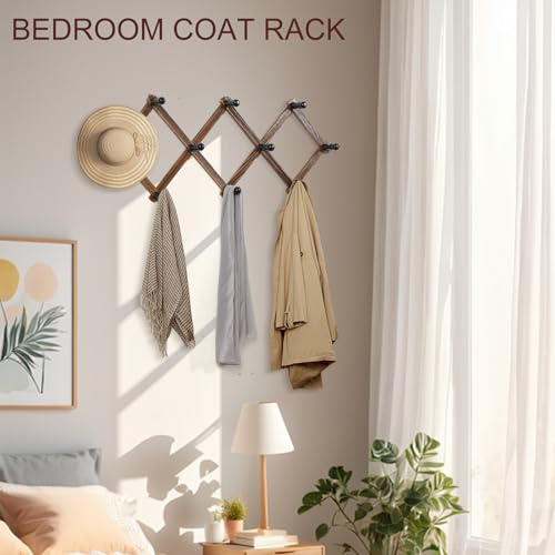 WGFKVAS 2 Pack Accordion Hat Rack for Wall | Expandable Coat Rack & Wall Mounted Hat Holder - Wooden Wall Hanger with 10 Peg Hooks for Coats, Baseball Caps, Keys & Mugs