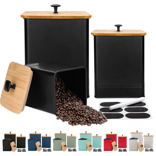 Kitchen Canisters Set of 3, Metal Flour Sugar Storage Containers with Airtight Lids-Canisters Sets for Kitchen with Customizable Chalkboard Labels & Marker Pen-Spice, Coffee Storage Jars(Black)