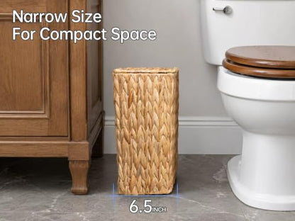 3 Gallon Wicker Trash Can,Small Bathroom Trash Can with Lid,Natural Water Hyacinth Wicker Waste Basket for Bedroom,Toilet,Narrow Garbage Can with Removable Liner