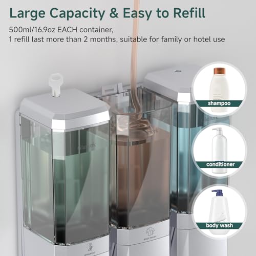 Shampoo and Conditioner Dispenser 3 Chamber No Drill Shower Soap Dispenser Wall Mounted Shampoo Conditioner Body Wash Dispenser 3 * 500ml Refillable Shower Dispenser for Bathroom Hotel, Silver