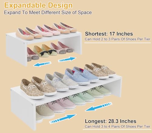 Cidaziya Expandable 1 Tier Shoe Rack for Shoe Cabinet, 1 Tier Stackable White Shoe Shelf Organizer for Closet, Sturdy Metal and Wood Structure, Hold 4-6 Pairs of Shoes