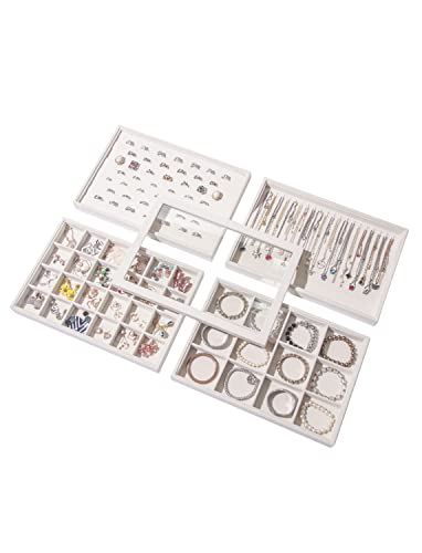 Set of 5 Stackable Jewelry Organizer Tray Necklace... (5 Count | Beige Velvet)