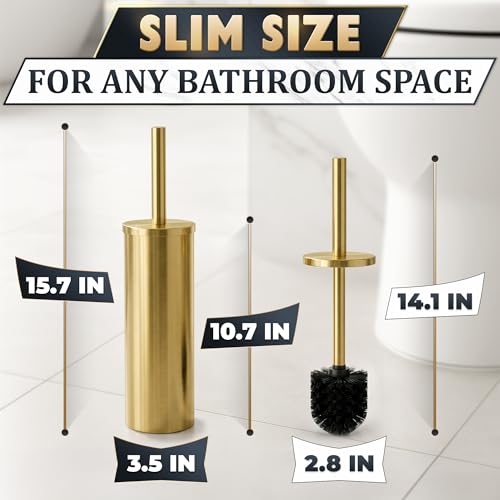 Stainless Steel Toilet Brush and Holder Set, Splash Guard (Gold) | Toilet Bowl Brush and Holder, Removable Inner Bowl, Dense Bristles, Long Handle, Scratch Resistant, for Modern Bathrooms