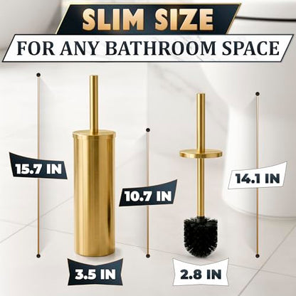 Stainless Steel Toilet Brush and Holder Set, Splash Guard (Gold) | Toilet Bowl Brush and Holder, Removable Inner Bowl, Dense Bristles, Long Handle, Scratch Resistant, for Modern Bathrooms