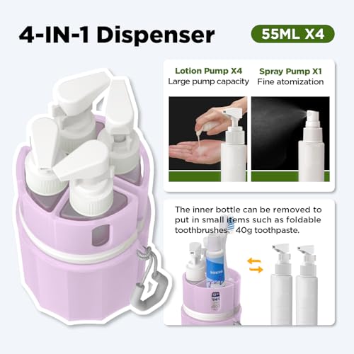 4 in 1 Travel Dispenser Bottle, Travel Bottles for Toiletries, Pink | 4 × 55ml Leak Proof Travel Bottles with Suction Cups