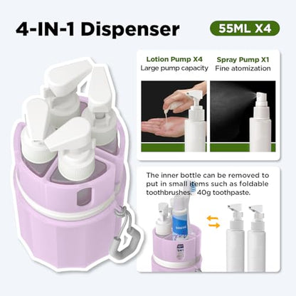 4 in 1 Travel Dispenser Bottle, Travel Bottles for Toiletries, Pink | 4 × 55ml Leak Proof Travel Bottles with Suction Cups