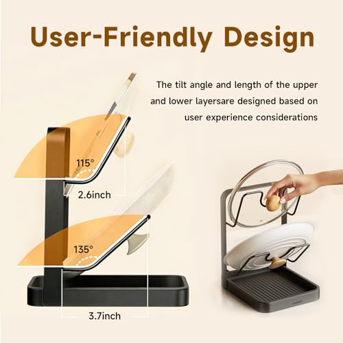 2-Tier Pot Lid Holder with Detachable Drip Tray, Kitchen Organizer | Two-tier countertop rack stores pot lids, pan covers, cutting boards, and ladles; detachable tray helps collect drips.