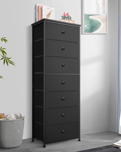 Mifuro Tall Fabric Dresser for Bedroom, Vertical Storage Organizer Tower with 7 Drawers, Chest of Drawers with Bins, Steel Frame, Wood Top for Bedroom, Closet, Entryway Black