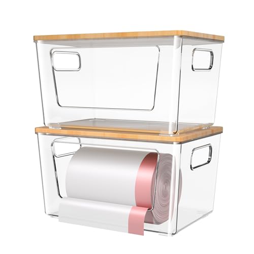 spospo 2 Pack Trash Bag Holder with Bamboo Lid Stackable Trashbag Dispenser | Extra Large Garbage Bag Holder for Kitchen Laundry Room Under Sink Organization and Storage