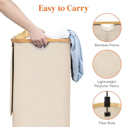 Lifewit 100L Laundry Basket with Lid, Clothes Hampers for Laundry with Bamboo Handles and 1 Removable Bag, Large Foldable Laundry Hamper for Bedroom, Bathroom, Dorm, Laundry Room, Beige