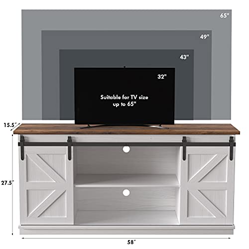 JUMMICO TV Stand for 65 Inch TV, Sliding Barn Doors, Bright White | Farmhouse Entertainment Center, Storage Cabinets, Adjustable Shelves, Media Console for Living Room, Bedroom