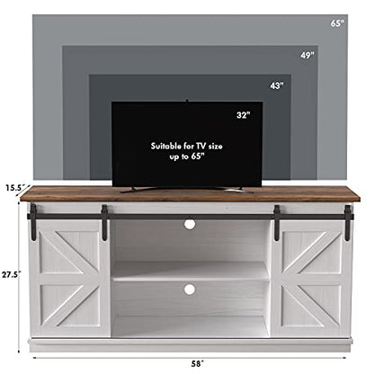 JUMMICO TV Stand for 65 Inch TV, Sliding Barn Doors, Bright White | Farmhouse Entertainment Center, Storage Cabinets, Adjustable Shelves, Media Console for Living Room, Bedroom