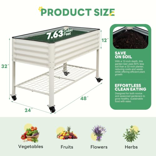 Elevated Raised Garden Bed Outdoor with Shelf, Wheels, 2' X 4', White | Galvanized Metal Planter Box, Drainage Holes, Leg, Gloves, Tools, Rubber Strips, for Backyard, Patio,Flowers, Herbs, Balcony