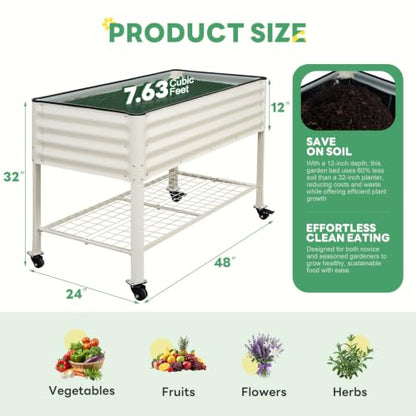 Elevated Raised Garden Bed Outdoor with Shelf, Wheels, 2' X 4', White | Galvanized Metal Planter Box, Drainage Holes, Leg, Gloves, Tools, Rubber Strips, for Backyard, Patio,Flowers, Herbs, Balcony
