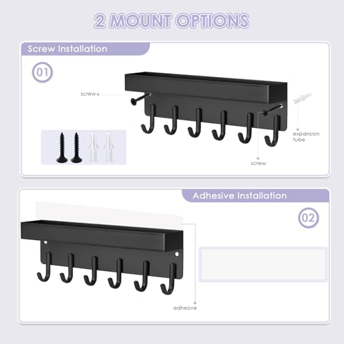 VIS'V Key Holder Wall Mount, Adhesive Key Rack with Tray, 6 Hooks, Black | 2 Mount Options, Compact Discreet Design, Suitable for Entryway, Hallway, Doorway, Kitchen, Garage, Camper