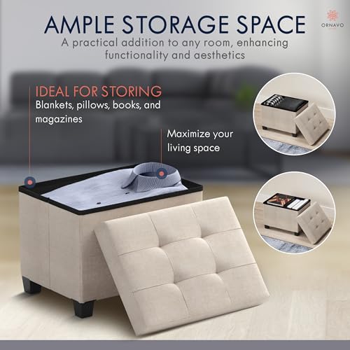 Ornavo Home Small Rectangle Storage Ottoman with Legs, 12x16x12, Beige | Foot Rest Stool Seat; Holds Up to 600 lbs; Ideal for Living Room, Bedroom, Home Office or Dorm