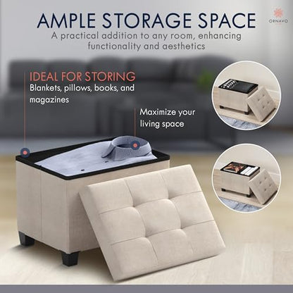 Ornavo Home Small Rectangle Storage Ottoman with Legs, 12x16x12, Beige | Foot Rest Stool Seat; Holds Up to 600 lbs; Ideal for Living Room, Bedroom, Home Office or Dorm