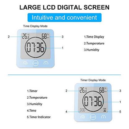 Bathroom Shower Wall Clock Timer Waterproof , Shower Clock with Suction | LCD Digital Touch Screen, 99Mins Countdown Timer, Temperature Humidity Gauge, Visual Timer Hanging Wall Clock, Blue