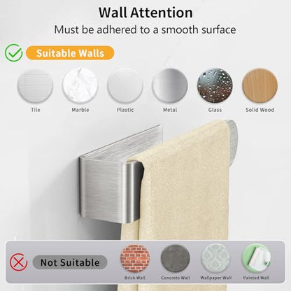 Adhesive Hand Towel Holder 2 Pack, Brushed Nickel 8 Inch Bars | Wall Mounted Towel Holder for Bathroom, Self Adhesive Square Stick on Towel Bar Wall for Kitchen Cabinet RV