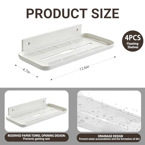 FAYYGYH Adhesive Floating Shelves, No Drill Floating Shelf for Wall Storage | Damage-Free Wall Mounted Organizer for Bathroom, Kitchen, Bedroom & Office (White, 4 PCS)