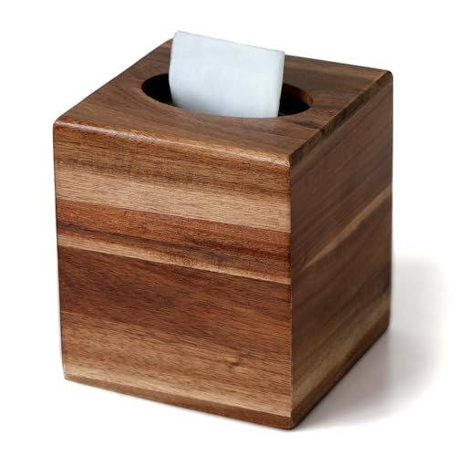 Acacia Wood Tissue Box Cover, Square Wooden Tissue Box Holder for Bathroom | Wooden Cube Tissue Cover with Slide-Out Bottom, Decorative Facial Cube Tissue Holder for Office, Modern Farmhouse Decor