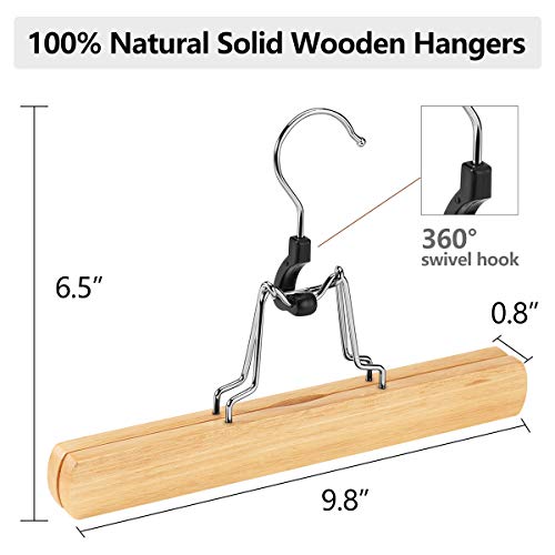 12 Pack Natural Wooden Pants Hangers with Clips Non Slip Skirt Hangers Trouser Clamp Hanger Solid Wood Hanger with 360° Swivel Hook