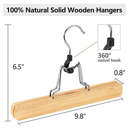 12 Pack Natural Wooden Pants Hangers with Clips Non Slip Skirt Hangers Trouser Clamp Hanger Solid Wood Hanger with 360° Swivel Hook