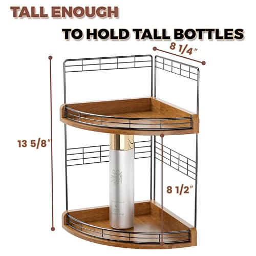 Bathroom Countertop Corner Organizer for Small Spaces, 2-Tier Counter Shelf | Oak Wood & Iron, Fan-Shaped Counter Shelf for Sink & Vanity Corners, Skincare, Toiletries, Compact Vertical Storage, Walnut
