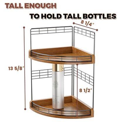 Bathroom Countertop Corner Organizer for Small Spaces, 2-Tier Counter Shelf | Oak Wood & Iron, Fan-Shaped Counter Shelf for Sink & Vanity Corners, Skincare, Toiletries, Compact Vertical Storage, Walnut