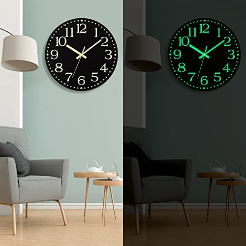 Wall Clock Glow in the Dark Clocks Battery Operated Silent 12 Inch | Black Wood Wall Clock Non-Ticking Analog Luminous Clock for Living Room Bedroom Office Kitchen Classroom Bathroom