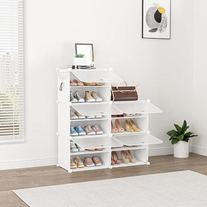Shoe Rack 10 Tier Shoe Storage Cabinet with Door 20 Pair Tall Shoes Rack Organizer Free Standing Expandable Stable Plastic Easy Assembly Shoes Shelf for Closet Hallway Entryway Bedroom White