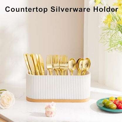 HouseJoy White Countertop Silverware Holder: Cutlery Caddy w/3 Compartment | Large Size-Easy Clean-Anti-slip-Kitchen Utensil Holder-Ideal for Fork/Spoon/Knife/Pen Pencil-Silverware Caddy Organizer